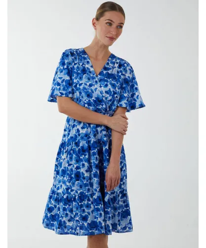 Blue Vanilla Womens Wrap Front Tier Hem Angel Sleeve Dress