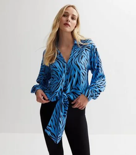 Blue Zebra Print Satin Long Sleeve Tie Front Shirt New Look