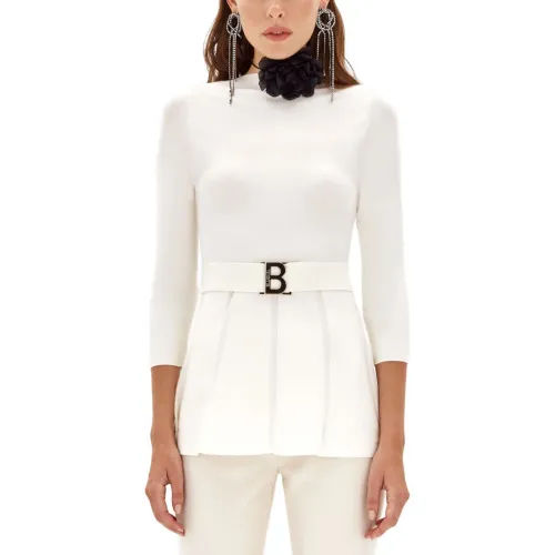 Blugirl , Short Sleeve Sweater with Logo Belt ,White female, Sizes: