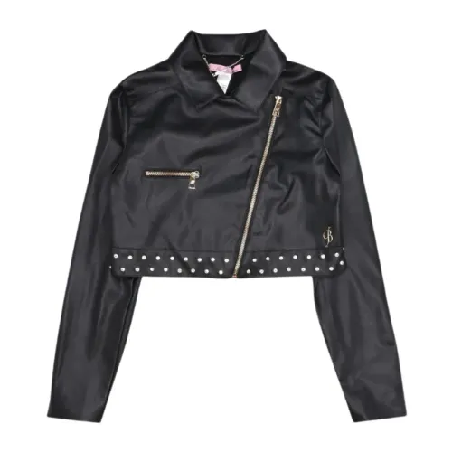 Blumarine , Black Cropped Kids Jacket with Gold Zip ,Black female, Sizes: