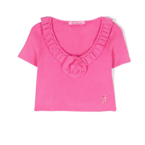 Blumarine , Pink Ruffled T-shirt with Gold Logo ,Pink female, Sizes: