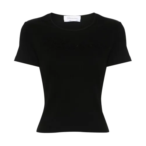 Blumarine , Rhinestone Logo Crew Neck T-shirt ,Black female, Sizes: