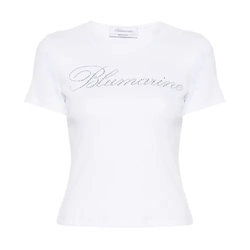 Blumarine , Rhinestone Logo Crew Neck T-shirt ,White female, Sizes: