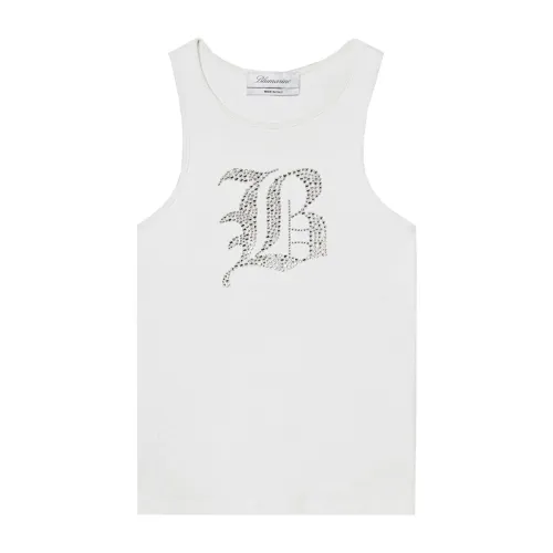 Blumarine , Ribbed Sleeveless Top with Logo ,White female, Sizes: