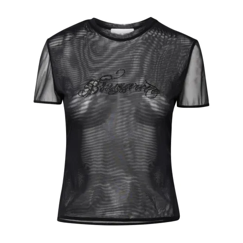 Blumarine , Stretch Tulle Rhinestone Logo T-Shirt ,Black female, Sizes: