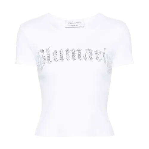 Blumarine , White Ribbed T-Shirt with Rhinestone Logo ,White female, Sizes: