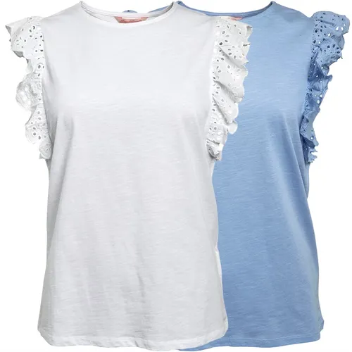 Board Angels Womens Two Pack Broderie Anglaise T-Shirts White/Light Blue