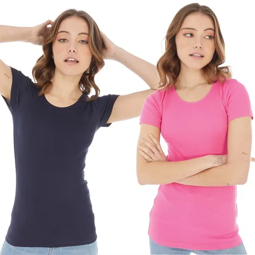 Board Angels Womens Two Pack Scoop Neck Ribbed T-Shirts Pink/Navy