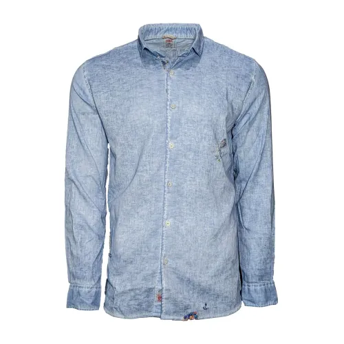 Bob , Blue cotton linen shirt with airbrushed embroidery ,Blue male, Sizes: