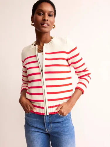 Boden Cotton Breton Stripe Zip Front Cardigan - Ivory/Red - Female