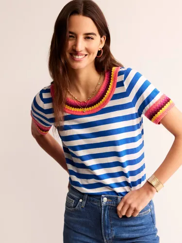 Boden Crochet Neck T-Shirt, Blue/Ivory - Blue/Ivory - Female