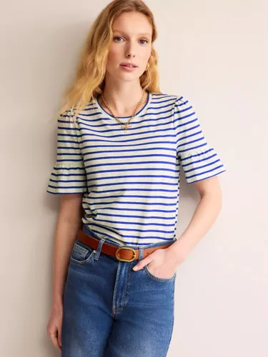 Boden Frill Sleeve Striped T-Shirt - Ivory/Surf The Web - Female