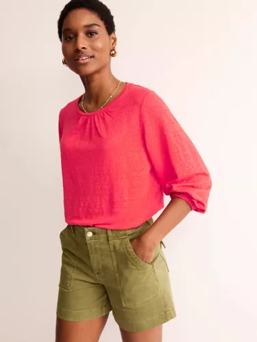 Boden Linen Gathered Neck Blouse, Hibiscus - Hibiscus - Female