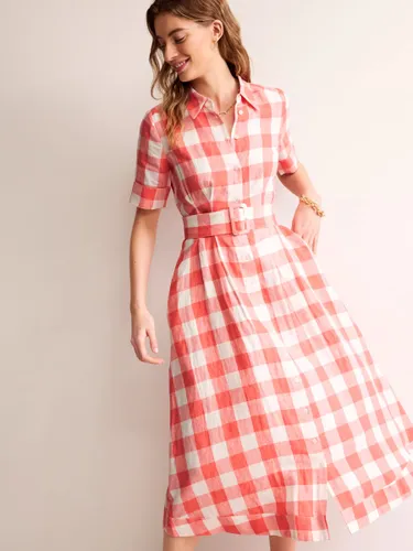 Boden Louise Checked Linen Midi Shirt Dress, Porcelain/Rose - Porcelain/Rose - Female