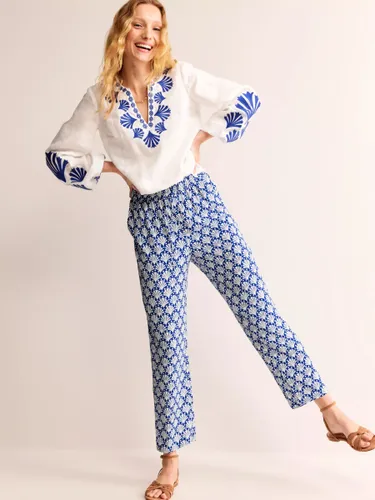 Boden Shells Print Crinkle Tapered Trousers, Ivory/Blue - Ivory/Blue - Female