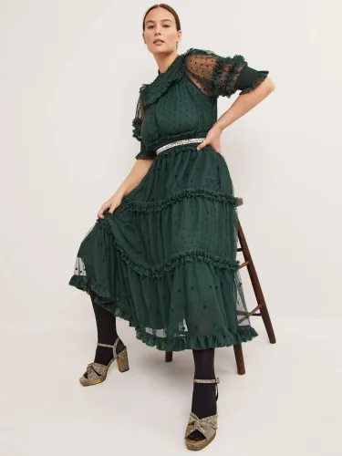 Boden Tulle Ruffle Midi Dress, Onyx Green - Onyx Green - Female