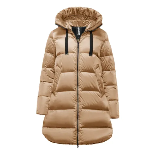 BomBoogie , Bright Nylon Down Jacket - A-line Long Hooded Coat ,Beige female, Sizes: