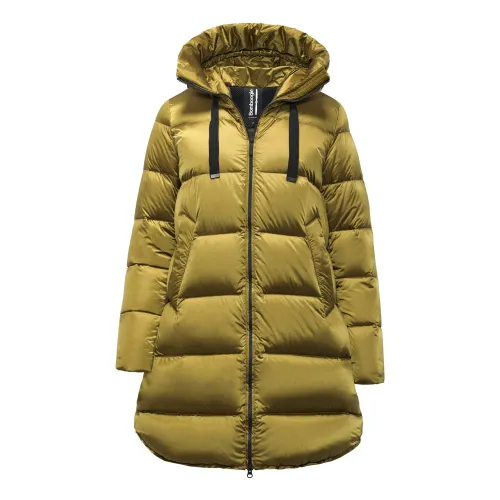 BomBoogie , Bright Nylon Long Down Jacket - Geneva A-line Hooded ,Green female, Sizes: