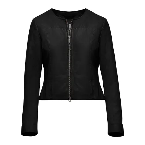 BomBoogie , Essential Round-Neck Leather Jacket ,Black female, Sizes:
