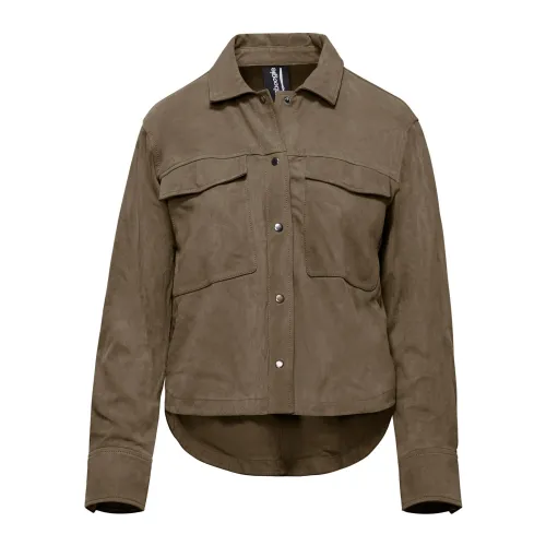 BomBoogie , Suede Leather Shirt-Jacket with Flap Pockets ,Gray female, Sizes:
