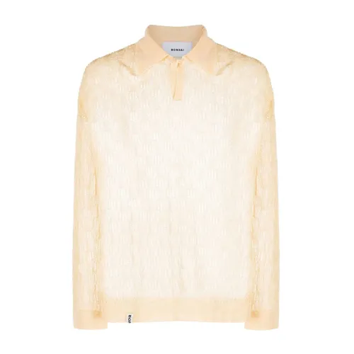 Bonsai , Ivory White Open-Knit Polo Shirt ,White male, Sizes: