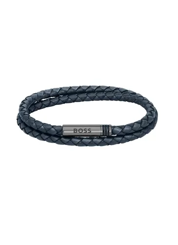 Boss Ares Navy Blue Leather Double Wrap Bracelet with Magnetic Closure - M