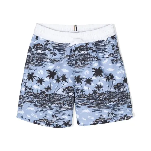 Boss , Blue Palm Tree Swimshorts for Boys ,Blue male, Sizes:
