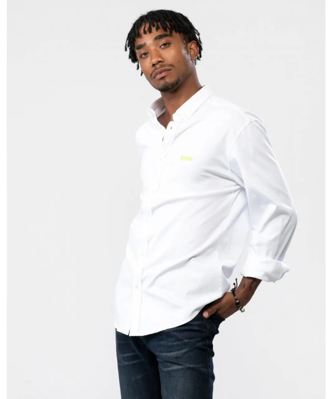 Boss Green BIADO_R Mens Button-Down Regular Fit Long Sleeve Shirt - White