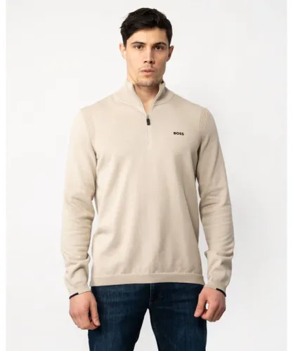 BOSS Green Ever-X Mens Cotton Blend Zip-Neck Sweater with Logo Print - Beige