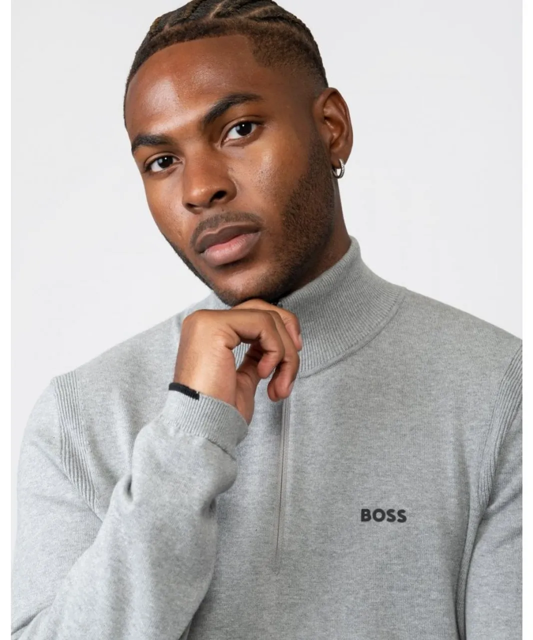Boss Green Ever-X Mens Cotton Blend Zip-Neck Sweater with Logo Print - Light Grey