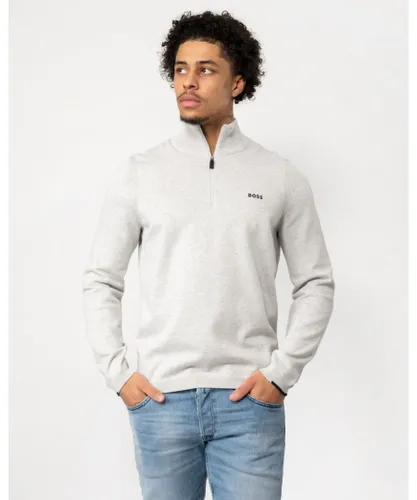 BOSS Green Ever-X Mens Cotton Blend Zip-Neck Sweater with Logo Print - Light Grey