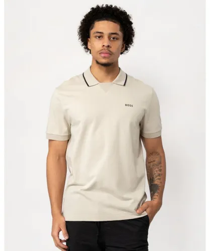 BOSS Green Palle Mens Short Sleeve Polo Shirt With Contrast Tipped Collar - Beige cotton