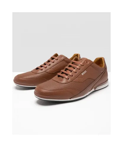 Boss Green Saturn Low Profile Mens Grained Leather Trainers - Brown