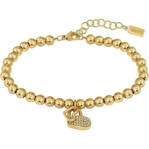 Boss Ladies BOSS Signature Yellow Gold IP Beaded Bracelet - Gold