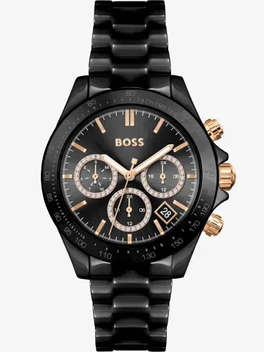 BOSS Ladies Novia Rose Gold Plated Ceramic Black Watch 1502633