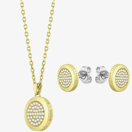 BOSS Medallion Gold-Tone Pavé Necklace & Stud Earrings Set 1570149