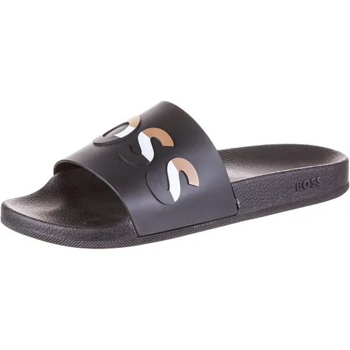 BOSS Mens Bay it PVC slides with signature-stripe logo and
