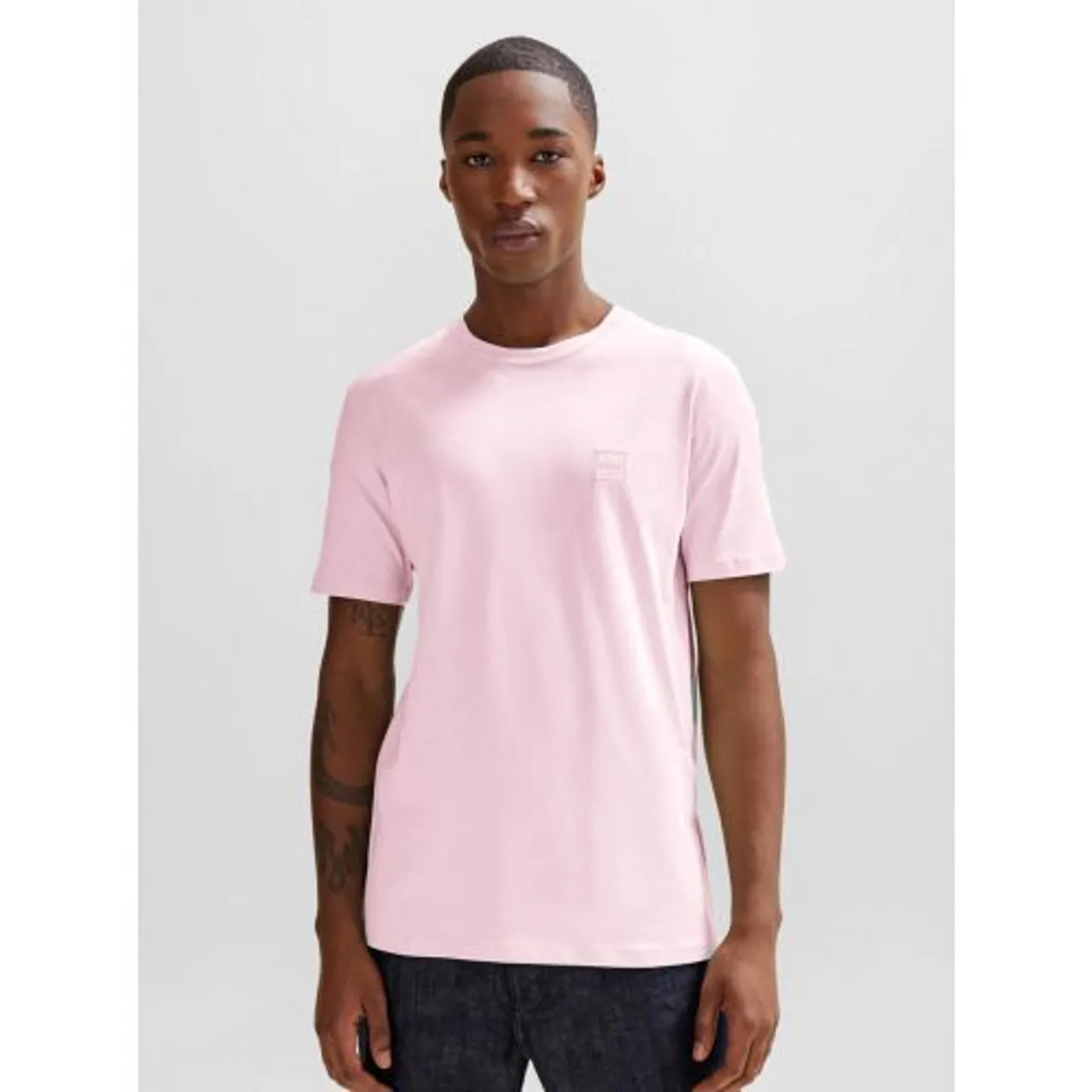 BOSS Mens Light Pastel Pink Tales Logo Patch T-Shirt