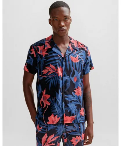 Boss Orange Mens Short Sleeve Tropical Print Beach Shirt - Blue