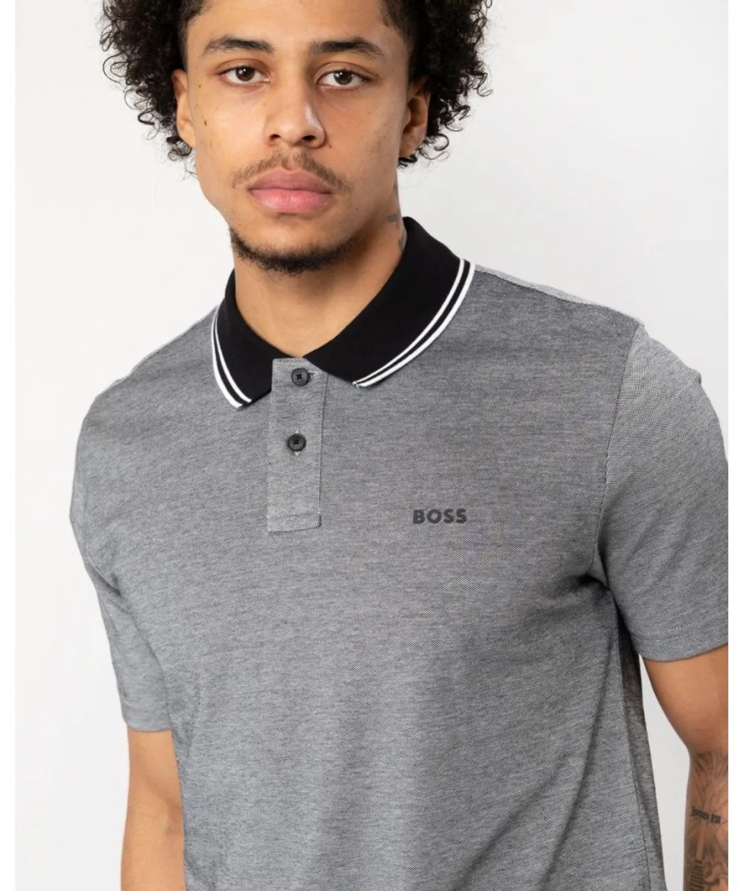 Boss Orange Oxford New Mens Contrast Collar Short Sleeve Polo Shirt - Black