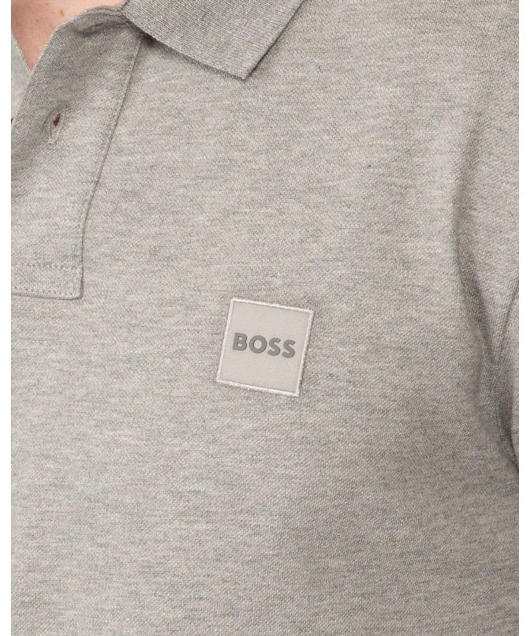 Boss Orange Passerby Mens Long Sleeve Stretch-Cotton Polo Shirt with Logo Patch - Light Grey