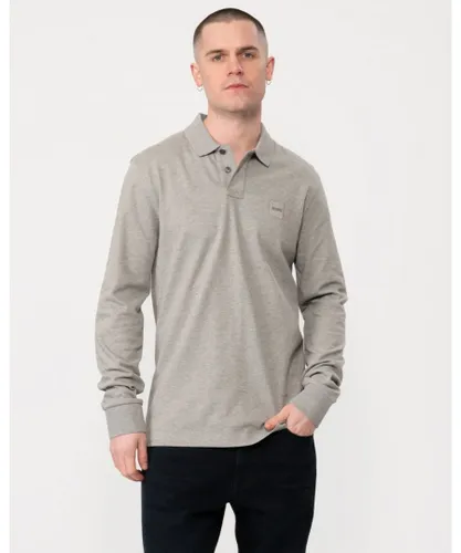 Boss Orange Passerby Mens Long Sleeve Stretch-Cotton Polo Shirt with Logo Patch - Light Grey