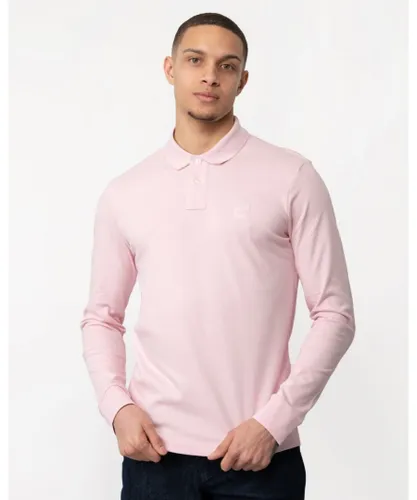 Boss Orange Passerby Mens Long Sleeve Stretch-Cotton Polo Shirt with Logo Patch - Pink
