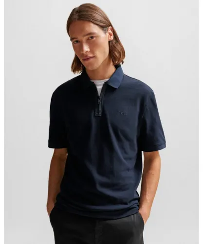 Boss Orange Pezip Mens Short Sleeve Zip Polo Shirt - Dark Blue