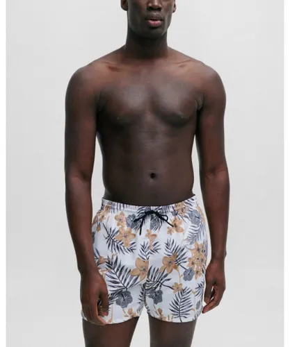 Boss Orange Piranha Mens Tropical Print Quick-Drying Swim Shorts - White