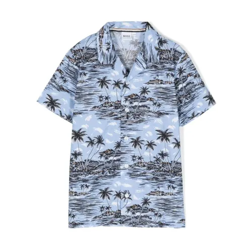 Boss , Stylish Palm Tree Shirt for Boys ,Blue male, Sizes: