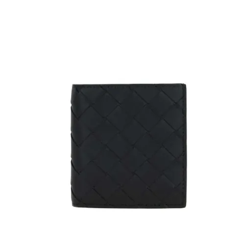 Bottega Veneta , Black Leather Bi-Fold Wallet with Intrecciato Motif ,Black male, Sizes: ONE SIZE