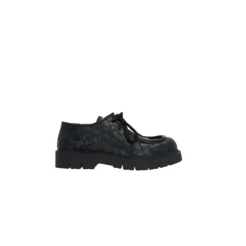 Bottega Veneta , Black Leather Flat Shoes with Intrecciato VN Pattern ,Black male, Sizes: