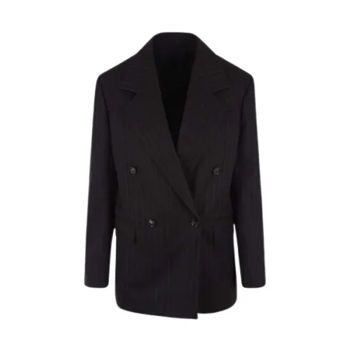 Bottega Veneta , Black Oversize Double-Breasted Wool Jacket with White Stripes ,Black female, Sizes:
