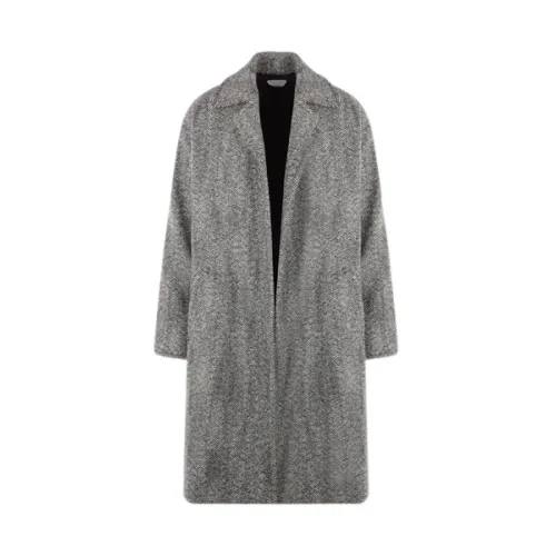 Bottega Veneta , Checked Wool Coat with Wide Lapels and Removable Belt ,Gray male, Sizes: